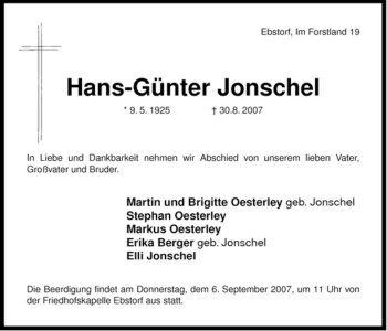 Traueranzeige von Hans-Günter Jonschel von ALLGEMEINE ZEITUNG UELZEN
