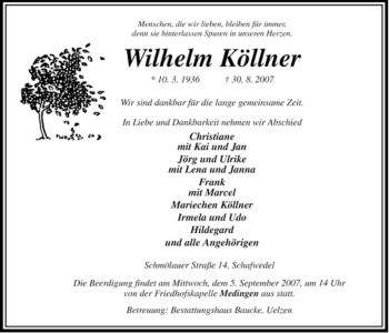 Traueranzeige von Wilhelm Köllner von ALLGEMEINE ZEITUNG UELZEN