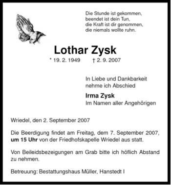Traueranzeige von Lothar Zysk von ALLGEMEINE ZEITUNG UELZEN