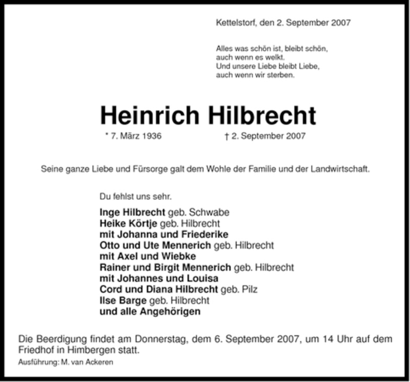  Traueranzeige für Heinrich Hilbrecht vom 04.09.2007 aus ALLGEMEINE ZEITUNG UELZEN