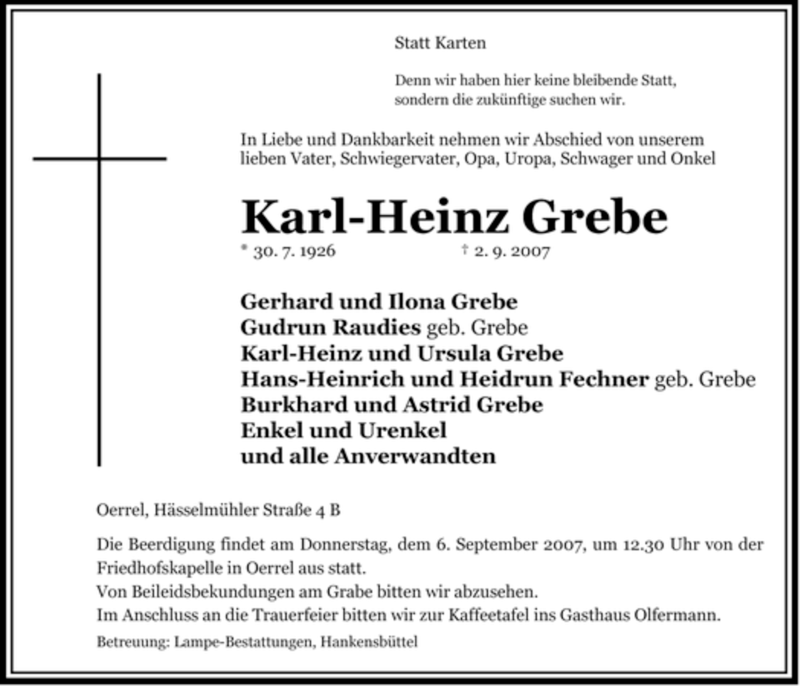 Traueranzeigen von Karl-Heinz Grebe | AZ.Trauer.de