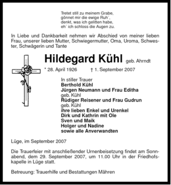 Traueranzeige von Hildegard Kühl von ALLGEMEINE ZEITUNG UELZEN