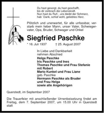 Traueranzeige von Siegfried Paschke von ALLGEMEINE ZEITUNG UELZEN