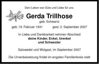 Traueranzeige von Gerda Trillhose von ALLGEMEINE ZEITUNG UELZEN