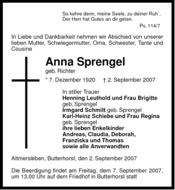 Traueranzeige von Anna Sprengel von ALLGEMEINE ZEITUNG UELZEN