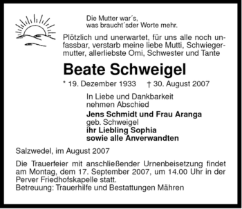 Traueranzeige von Beate Schweigel von ALLGEMEINE ZEITUNG UELZEN
