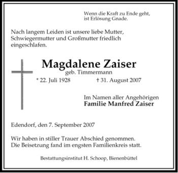 Traueranzeige von Magdalene Zaiser von ALLGEMEINE ZEITUNG UELZEN