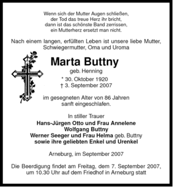 Traueranzeige von Marta Buttny von ALLGEMEINE ZEITUNG UELZEN