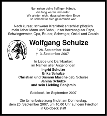 Traueranzeige von Wolfgang Schulze von ALLGEMEINE ZEITUNG UELZEN