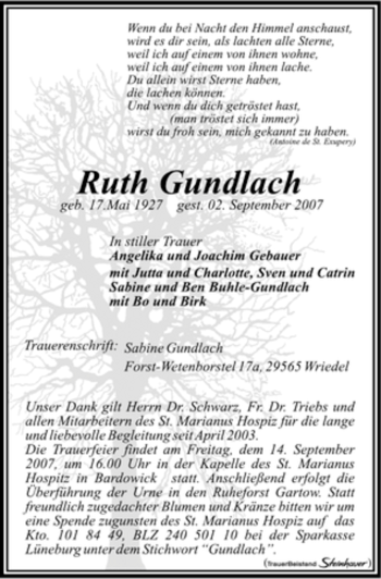 Traueranzeige von Ruth Gundlach von ALLGEMEINE ZEITUNG UELZEN