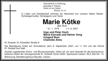 Traueranzeige von Marie Kötke von ALLGEMEINE ZEITUNG UELZEN