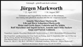 Traueranzeige von Jürgen Markworth von ALLGEMEINE ZEITUNG UELZEN