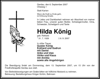 Traueranzeige von Hilda König von ALLGEMEINE ZEITUNG UELZEN
