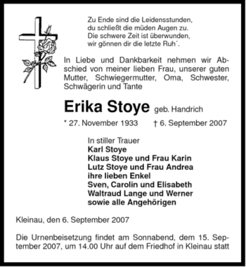 Traueranzeige von Erika Stoye von ALLGEMEINE ZEITUNG UELZEN