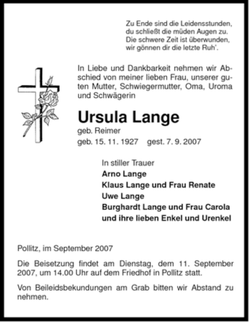 Traueranzeige von Ursula Lange von ALLGEMEINE ZEITUNG UELZEN