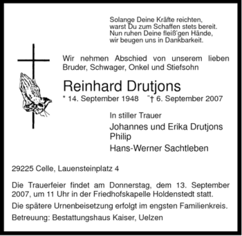 Traueranzeige von Reinhard Drutjohns von ALLGEMEINE ZEITUNG UELZEN