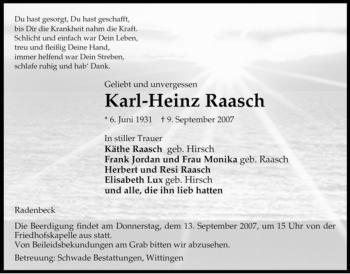 Traueranzeige von Karl-Heinz Raach von ALLGEMEINE ZEITUNG UELZEN