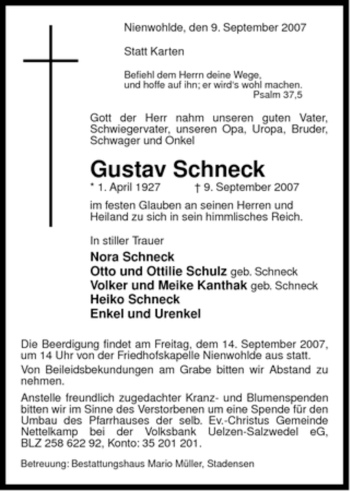 Traueranzeige von Gustav Schneck von ALLGEMEINE ZEITUNG UELZEN