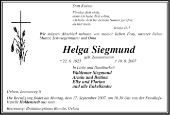Traueranzeige von Helga Siegmund von ALLGEMEINE ZEITUNG UELZEN
