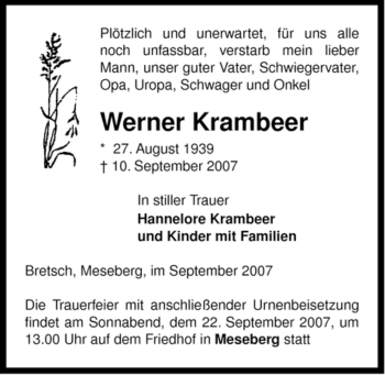 Traueranzeige von Werner Krambeer von ALLGEMEINE ZEITUNG UELZEN