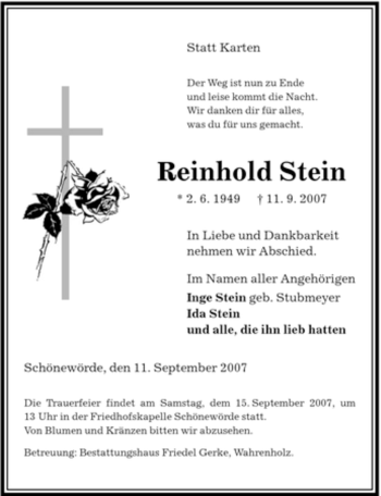 Traueranzeige von Reinhold Stein von ALLGEMEINE ZEITUNG UELZEN
