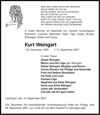 Traueranzeige von Kurt Weingart von ALLGEMEINE ZEITUNG UELZEN