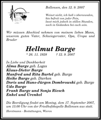 Traueranzeige von Hellmut Barge von ALLGEMEINE ZEITUNG UELZEN