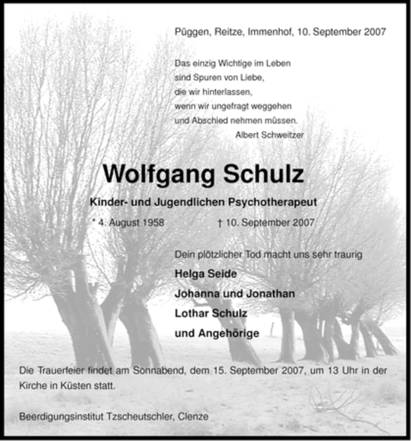  Traueranzeige für Wolfgang Schulz vom 13.09.2007 aus ALLGEMEINE ZEITUNG UELZEN