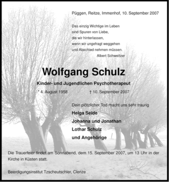 Traueranzeige von Wolfgang Schulz von ALLGEMEINE ZEITUNG UELZEN