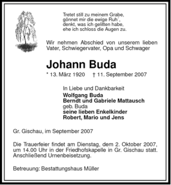 Traueranzeige von Johann Buda von ALLGEMEINE ZEITUNG UELZEN