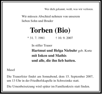 Traueranzeige von Torben Niebuhr von ALLGEMEINE ZEITUNG UELZEN