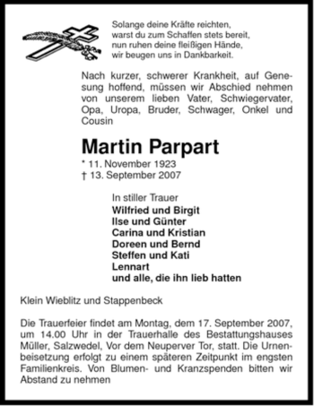 Traueranzeige von Martin Parpart von ALLGEMEINE ZEITUNG UELZEN