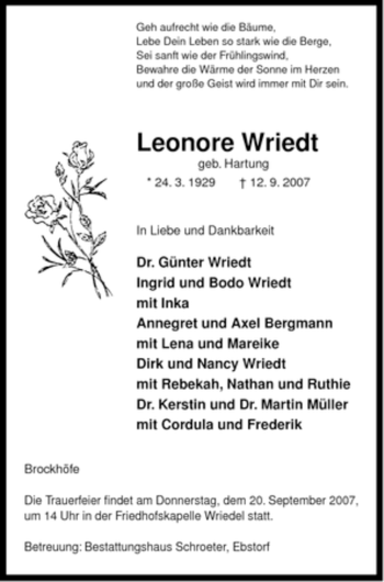 Traueranzeige von Leonore Wriedt von ALLGEMEINE ZEITUNG UELZEN