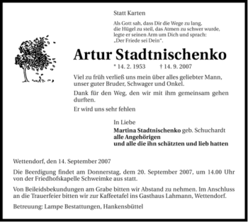 Traueranzeige von Artur Stadtnischenko von ALLGEMEINE ZEITUNG UELZEN