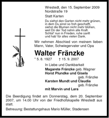 Traueranzeige von Walter Fränke von ALLGEMEINE ZEITUNG UELZEN
