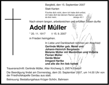 Traueranzeige von Adolf Müller von ALLGEMEINE ZEITUNG UELZEN