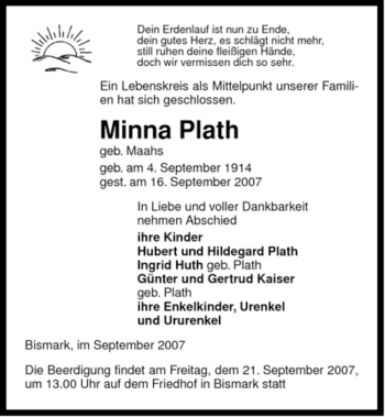 Traueranzeige von Minna Plath von ALLGEMEINE ZEITUNG UELZEN