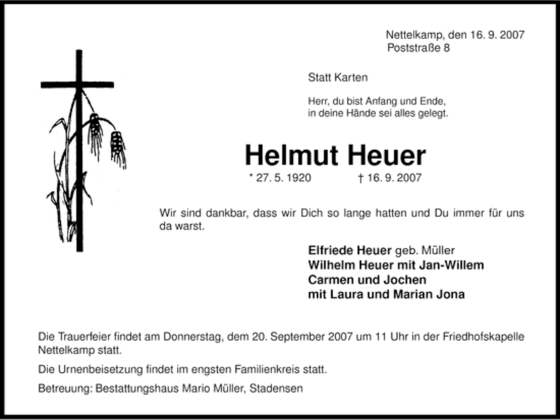  Traueranzeige für Helmut Heuer vom 18.09.2007 aus ALLGEMEINE ZEITUNG UELZEN