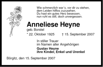 Traueranzeige von Anneliese Heyne von ALLGEMEINE ZEITUNG UELZEN