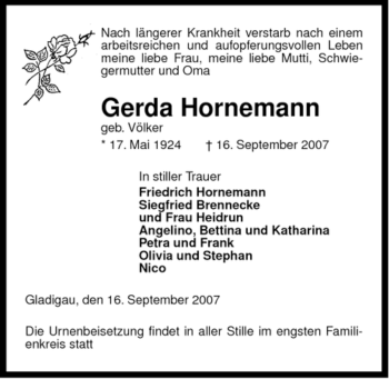 Traueranzeige von Gerda Hornemann von ALLGEMEINE ZEITUNG UELZEN