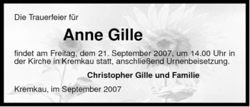 Traueranzeige von Anne Gille von ALLGEMEINE ZEITUNG UELZEN