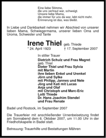 Traueranzeige von Irene Thiel von ALLGEMEINE ZEITUNG UELZEN