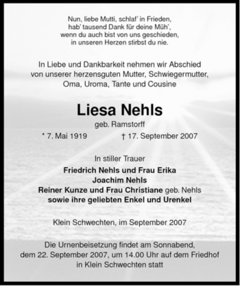 Traueranzeige von Liesa Nehls von ALLGEMEINE ZEITUNG UELZEN