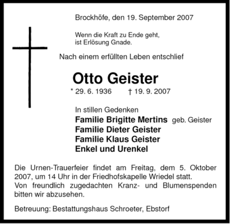  Traueranzeige für Otto Geister vom 21.09.2007 aus ALLGEMEINE ZEITUNG UELZEN