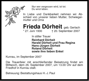 Traueranzeige von Frieda Dörheit von ALLGEMEINE ZEITUNG UELZEN