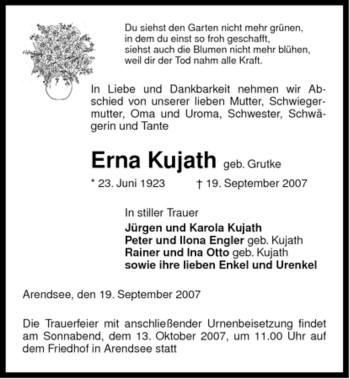 Traueranzeige von Erna Kujath von ALLGEMEINE ZEITUNG UELZEN
