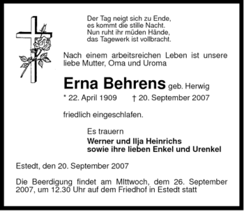 Traueranzeige von Erna Behrens von ALLGEMEINE ZEITUNG UELZEN