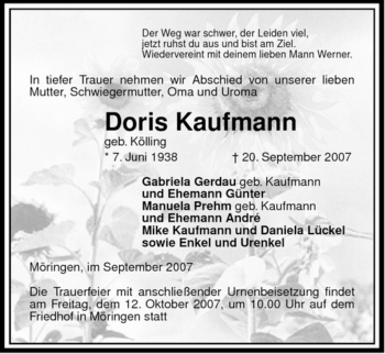 Traueranzeige von Doris Kaufmann von ALLGEMEINE ZEITUNG UELZEN