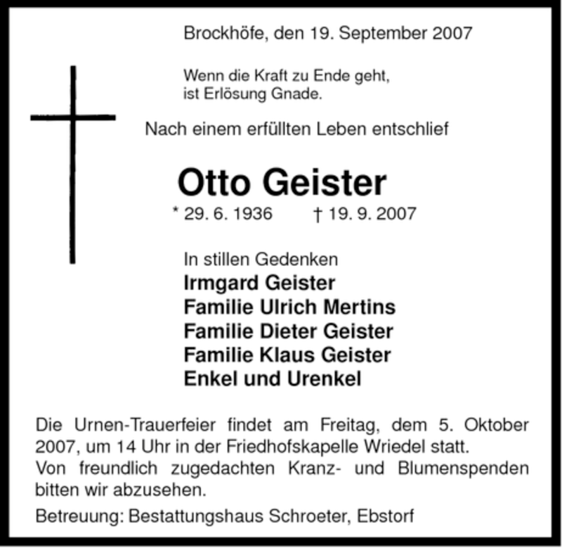  Traueranzeige für Otto Geister vom 22.09.2007 aus ALLGEMEINE ZEITUNG UELZEN