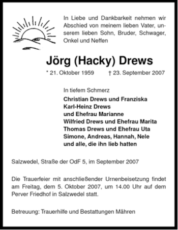 Traueranzeige von Jörg (Hacky) Drews von ALLGEMEINE ZEITUNG UELZEN